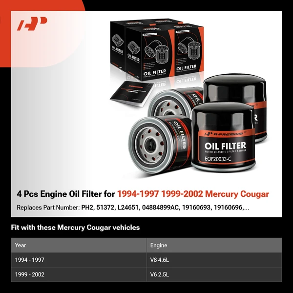 4 Pcs Engine Oil Filter for 1994-1997 1999-2002 Mercury Cougar
