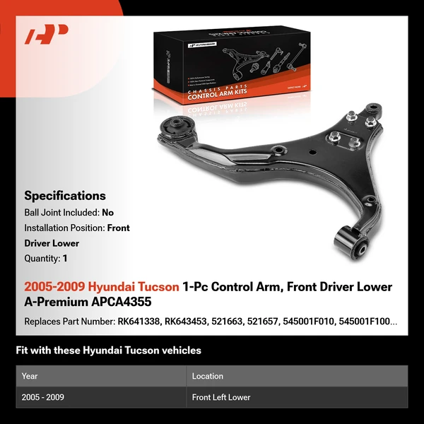 2005-2009 Hyundai Tucson 1-Pc Control Arm, Front Driver Lower A-Premium APCA4355