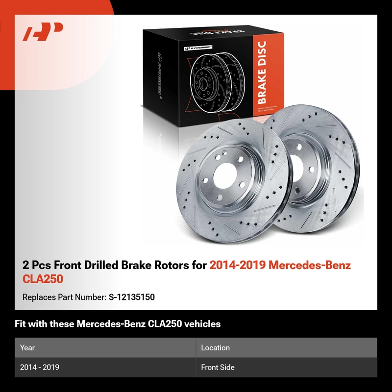 2 Pcs Front Drilled Brake Rotors for 2014-2019 Mercedes-Benz CLA250
