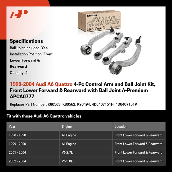 1998-2004 Audi A6 Quattro 4-Pc Control Arm and Ball Joint Kit, Front Lower Forward & Rearward with Ball Joint A-Premium APCA0777