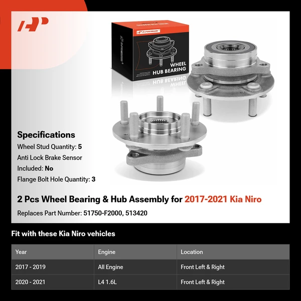 2 Pcs Wheel Bearing & Hub Assembly for 2017-2021 Kia Niro