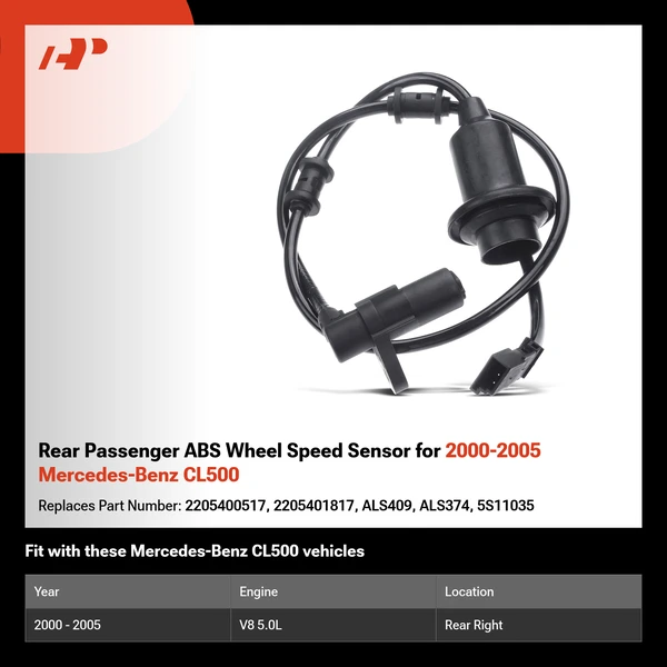 Rear Passenger ABS Wheel Speed Sensor for 2000-2005 Mercedes-Benz CL500