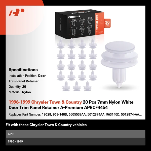 1996-1999 Chrysler Town & Country 20 Pcs 7mm Nylon White Door Trim Panel Retainer A-Premium APRCF4454