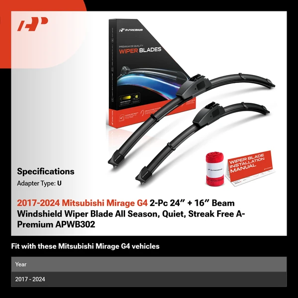 2017-2024 Mitsubishi Mirage G4 2-Pc 24″ + 16″ Beam Windshield Wiper Blade All Season, Quiet, Streak Free A-Premium APWB302