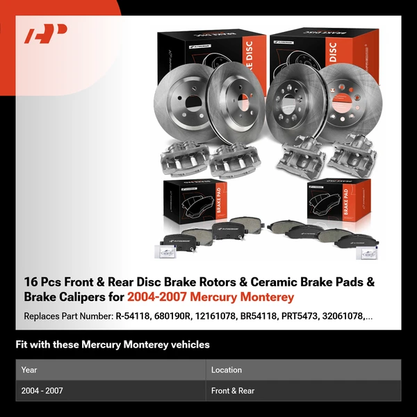 16 Pcs Front & Rear Disc Brake Rotors & Ceramic Brake Pads & Brake Calipers for 2004-2007 Mercury Monterey