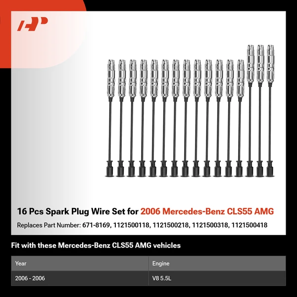 16 Pcs Spark Plug Wire Set for 2006 Mercedes-Benz CLS55 AMG