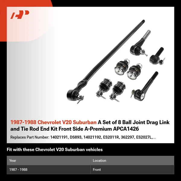 1987-1988 Chevrolet V20 Suburban A Set of 8 Ball Joint Drag Link and Tie Rod End Kit Front Side A-Premium APCA1426