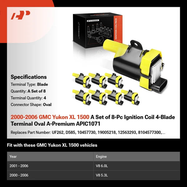 2000-2006 GMC Yukon XL 1500 A Set of 8-Pc Ignition Coil 4-Blade Terminal Oval A-Premium APIC1071