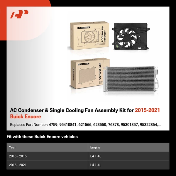 AC Condenser & Single Cooling Fan Assembly Kit for 2015-2021 Buick Encore