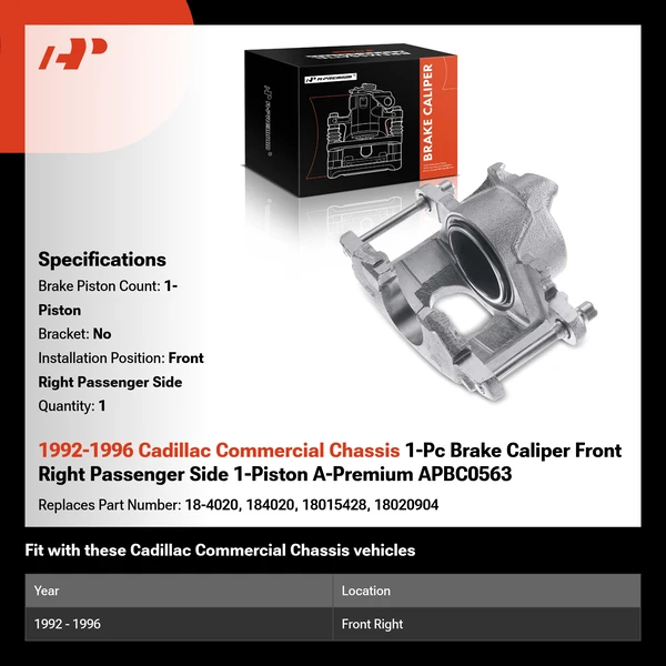 1992-1996 Cadillac Commercial Chassis 1-Pc Brake Caliper Front Right Passenger Side 1-Piston A-Premium APBC0563