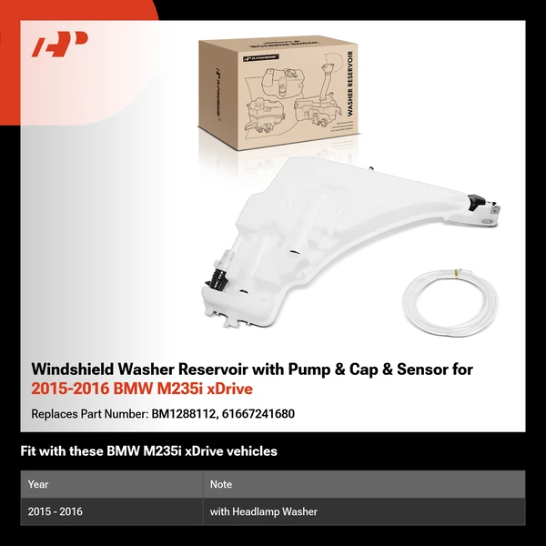Windshield Washer Reservoir with Pump & Cap & Sensor for 2015-2016 BMW M235i xDrive