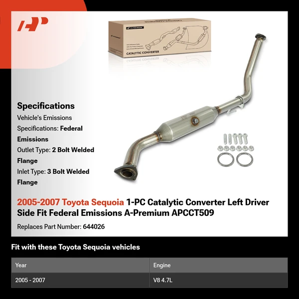 2005-2007 Toyota Sequoia 1-PC Catalytic Converter Left Driver Side Fit Federal Emissions A-Premium APCCT509
