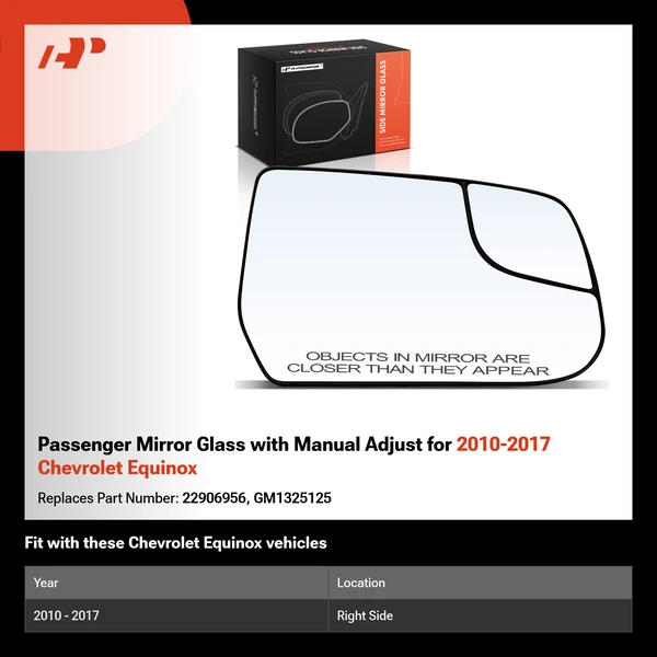 Passenger Mirror Glass with Manual Adjust for 2010-2017 Chevrolet Equinox