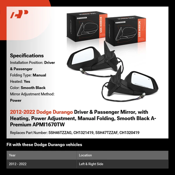 2012-2022 Dodge Durango Driver & Passenger Mirror, with Heating, Power Adjustment, Manual Folding, Smooth Black A-Premium APMI1670TW