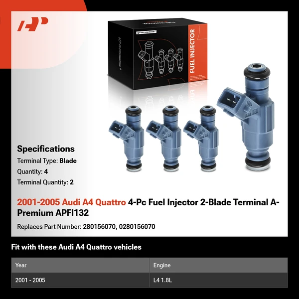 2001-2005 Audi A4 Quattro 4-Pc Fuel Injector 2-Blade Terminal A-Premium APFI132