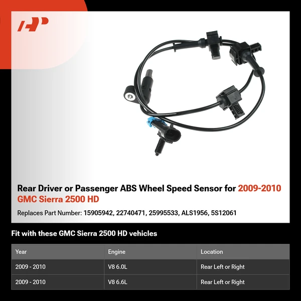 Rear Driver or Passenger ABS Wheel Speed Sensor for 2009-2010 GMC Sierra 2500 HD