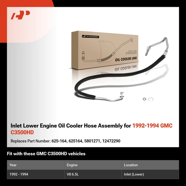 Inlet Lower Engine Oil Cooler Hose Assembly for 1992-1994 GMC C3500HD
