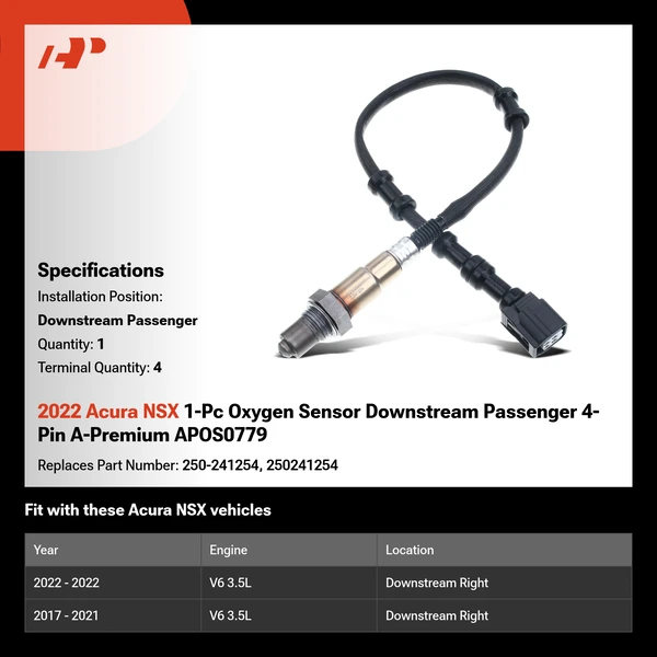 2022 Acura NSX 1-Pc Oxygen Sensor Downstream Passenger 4-Pin A-Premium APOS0779