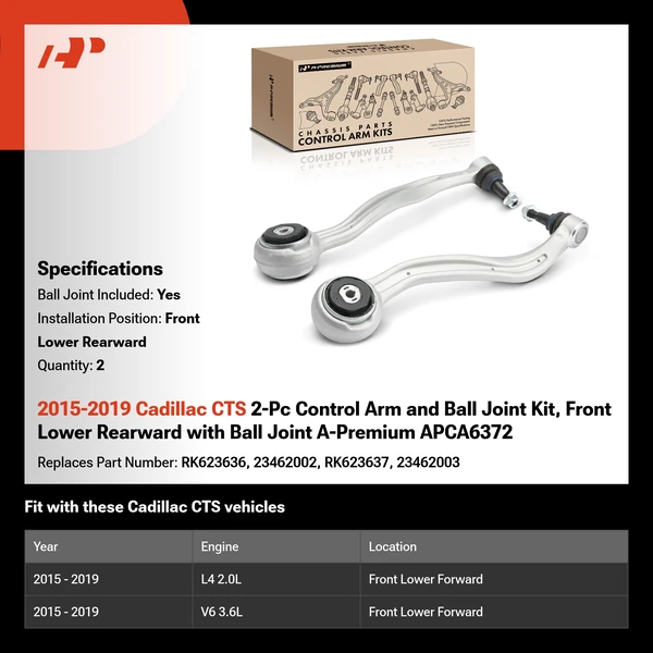 2015-2019 Cadillac CTS 2-Pc Control Arm and Ball Joint Kit, Front Lower Rearward with Ball Joint A-Premium APCA6372