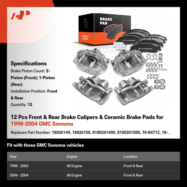 12 Pcs Front & Rear Brake Calipers & Ceramic Brake Pads for 1998-2004 GMC Sonoma