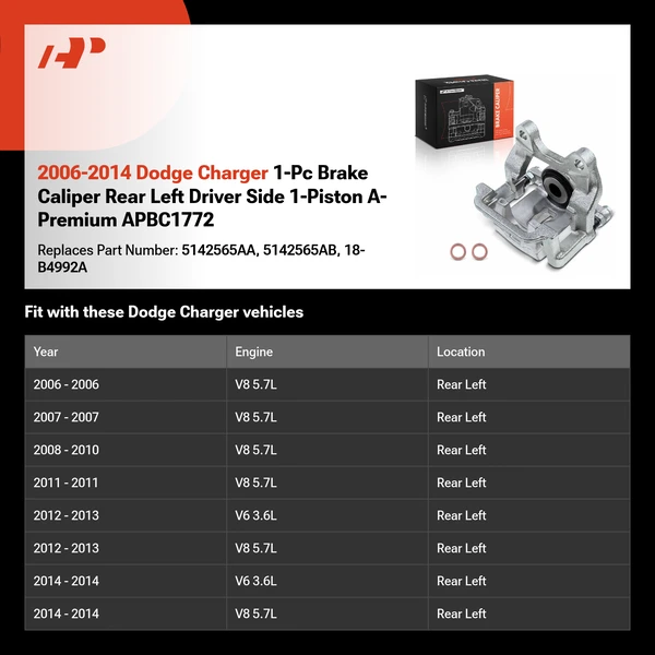 2006-2014 Dodge Charger 1-Pc Brake Caliper Rear Left Driver Side 1-Piston A-Premium APBC1772