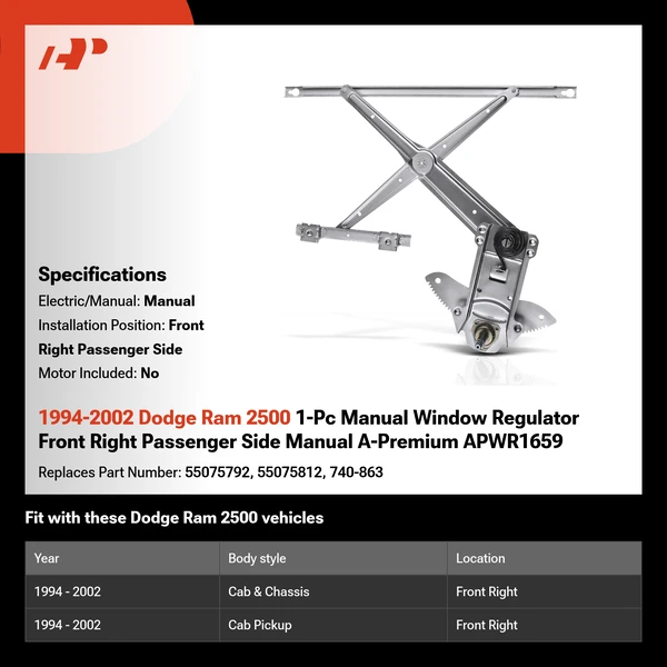 1994-2002 Dodge Ram 2500 1-Pc Manual Window Regulator Front Right Passenger Side Manual A-Premium APWR1659