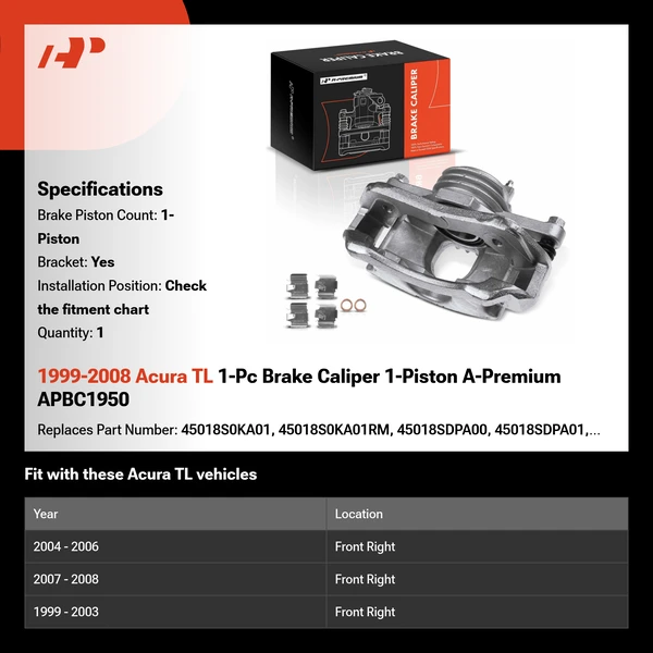 1999-2008 Acura TL 1-Pc Brake Caliper 1-Piston A-Premium APBC1950