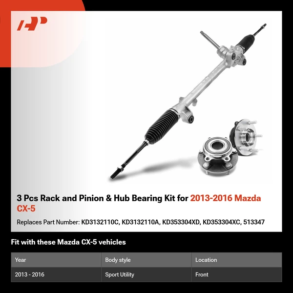 3 Pcs Rack and Pinion & Hub Bearing Kit for 2013-2016 Mazda CX-5