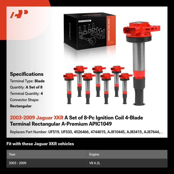 2003-2009 Jaguar XKR A Set of 8-Pc Ignition Coil 4-Blade Terminal Rectangular A-Premium APIC1049