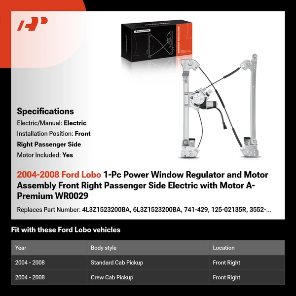 2004-2008 Ford Lobo 1-Pc Power Window Regulator and Motor Assembly Front Right Passenger Side Electric with Motor A-Premium WR0029