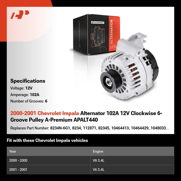 2000-2001 Chevrolet Impala Alternator 102A 12V Clockwise 6-Groove Pulley A-Premium APALT440