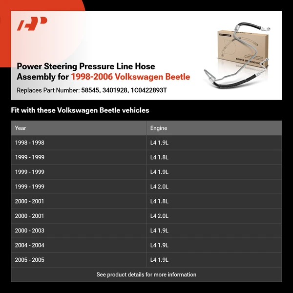 Power Steering Pressure Line Hose Assembly for 1998-2006 Volkswagen Beetle