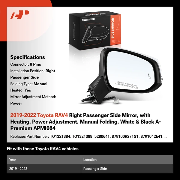 2019-2022 Toyota RAV4 Right Passenger Side Mirror, with Heating, Power Adjustment, Manual Folding, White & Black A-Premium APMI084