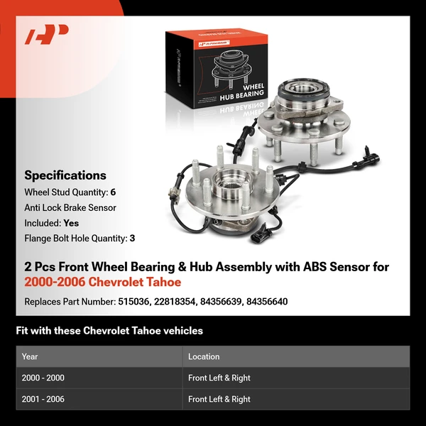 2 Pcs Front Wheel Bearing & Hub Assembly with ABS Sensor for 2000-2006 Chevrolet Tahoe