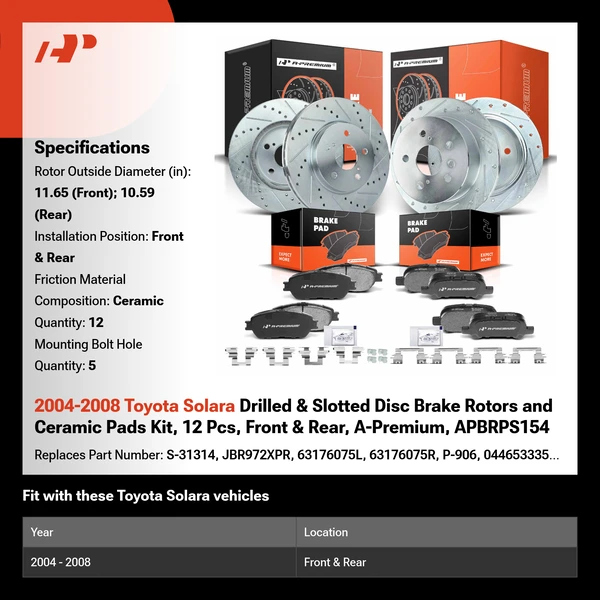 2004-2008 Toyota Solara Drilled & Slotted Disc Brake Rotors and Ceramic Pads Kit, 12 Pcs, Front & Rear, A-Premium, APBRPS154