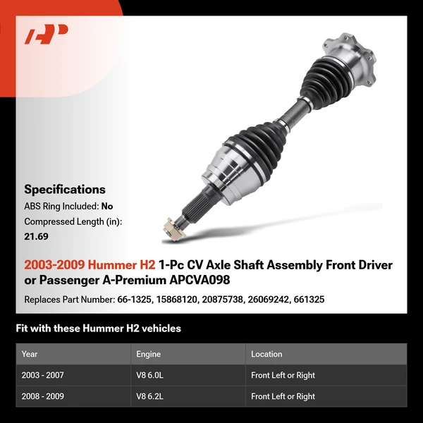 2003-2009 Hummer H2 1-Pc CV Axle Shaft Assembly Front Driver or Passenger A-Premium APCVA098