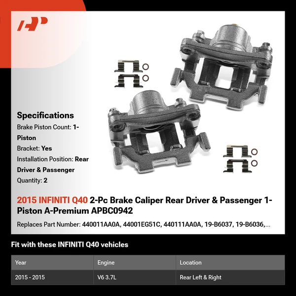 2015 INFINITI Q40 2-Pc Brake Caliper Rear Driver & Passenger 1-Piston A-Premium APBC0942