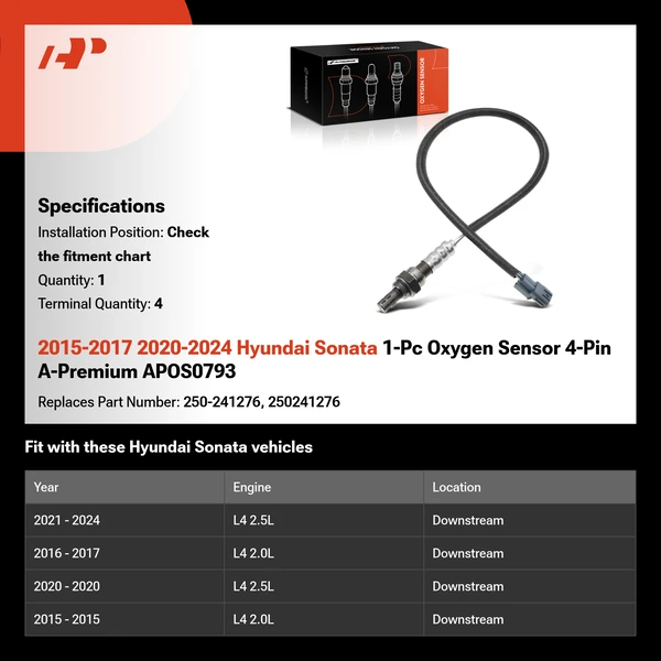 2015-2017 2020-2024 Hyundai Sonata 1-Pc Oxygen Sensor 4-Pin A-Premium APOS0793