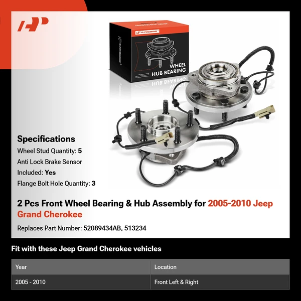 2 Pcs Front Wheel Bearing & Hub Assembly for 2005-2010 Jeep Grand Cherokee