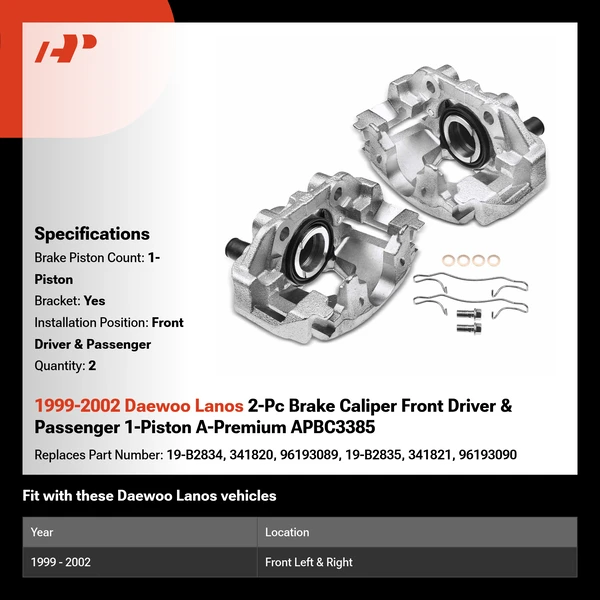 1999-2002 Daewoo Lanos 2-Pc Brake Caliper Front Driver & Passenger 1-Piston A-Premium APBC3385