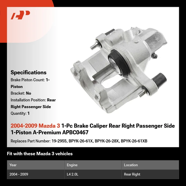 2004-2009 Mazda 3 1-Pc Brake Caliper Rear Right Passenger Side 1-Piston A-Premium APBC0467