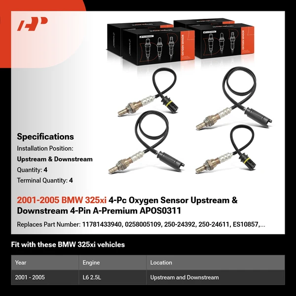 2001-2005 BMW 325xi 4-Pc Oxygen Sensor Upstream & Downstream 4-Pin A-Premium APOS0311