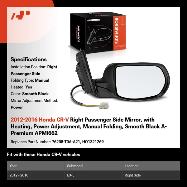 2012-2016 Honda CR-V Right Passenger Side Mirror, with Heating, Power Adjustment, Manual Folding, Smooth Black A-Premium APMI662