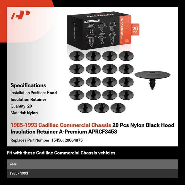 1985-1993 Cadillac Commercial Chassis 20 Pcs Nylon Black Hood Insulation Retainer A-Premium APRCF3453