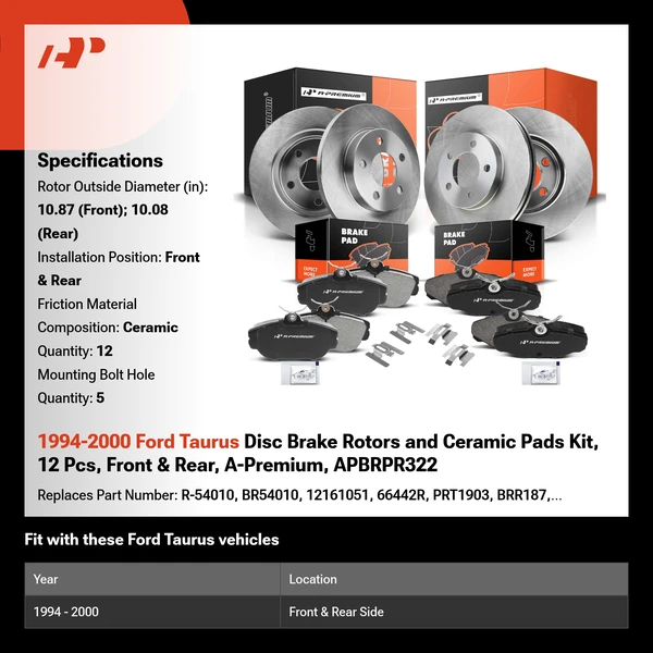 1994-2000 Ford Taurus Disc Brake Rotors and Ceramic Pads Kit, 12 Pcs, Front & Rear, A-Premium, APBRPR322