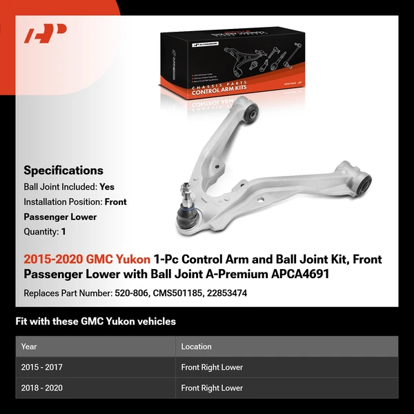 2015-2020 GMC Yukon 1-Pc Control Arm and Ball Joint Kit, Front Passenger Lower with Ball Joint A-Premium APCA4691