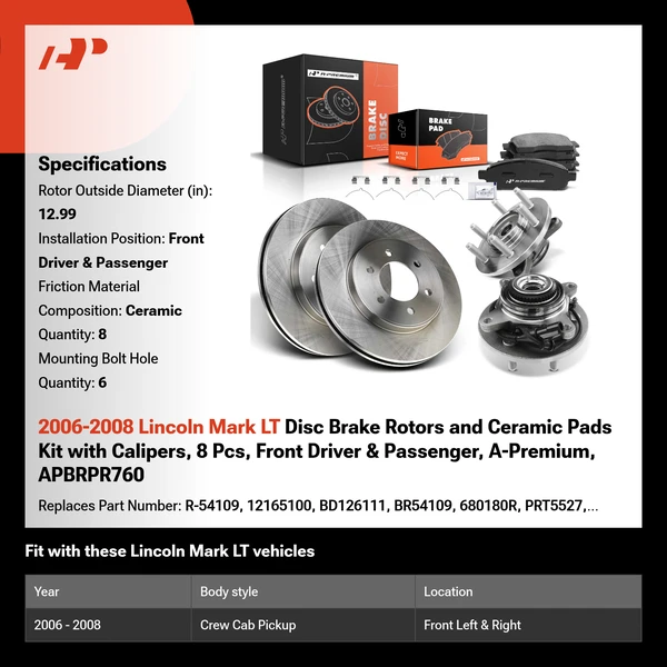 2006-2008 Lincoln Mark LT Disc Brake Rotors and Ceramic Pads Kit with Calipers, 8 Pcs, Front Driver & Passenger, A-Premium, APBRPR760