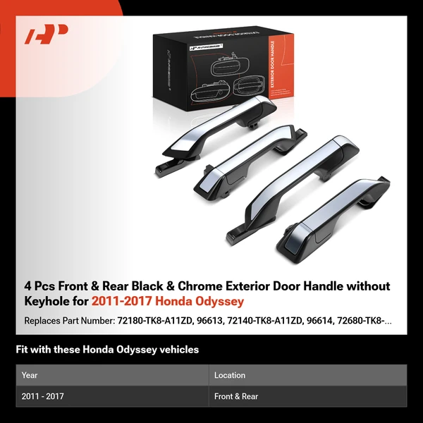 4 Pcs Front & Rear Black & Chrome Exterior Door Handle without Keyhole for 2011-2017 Honda Odyssey