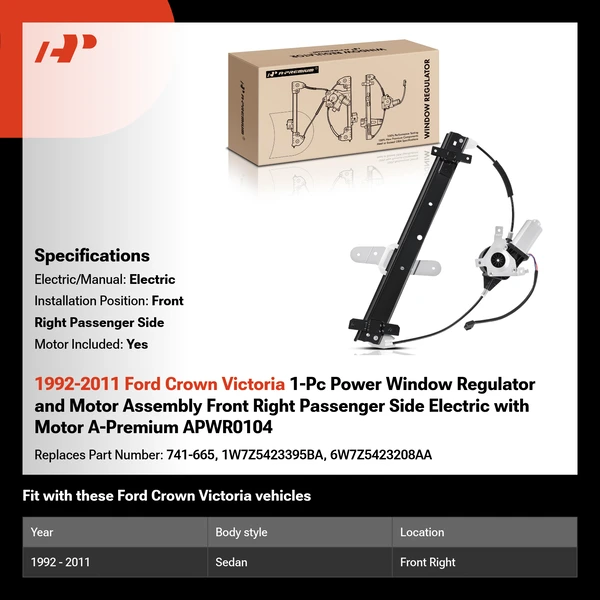 1992-2011 Ford Crown Victoria 1-Pc Power Window Regulator and Motor Assembly Front Right Passenger Side Electric with Motor A-Premium APWR0104