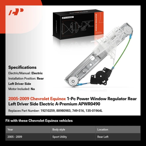 2005-2009 Chevrolet Equinox 1-Pc Power Window Regulator Rear Left Driver Side Electric A-Premium APWR0490